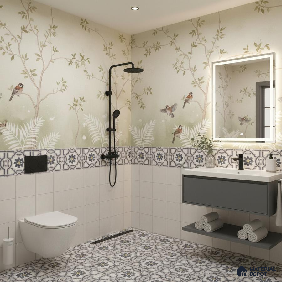 Modern bathroom with floral patterned floor tiles, bird motif wall tiles, and floating grey vanity in Bengaluru | Material Depot