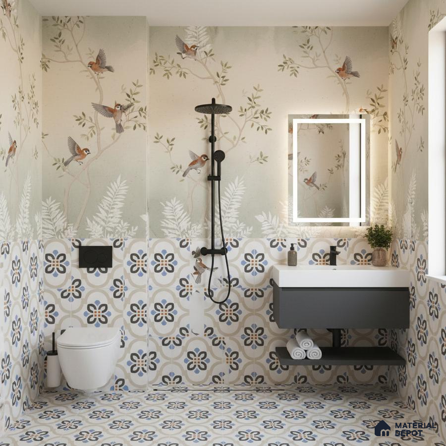 Modern bathroom with floral patterned tiles and bird motif wallpaper in Bengaluru | Material Depot