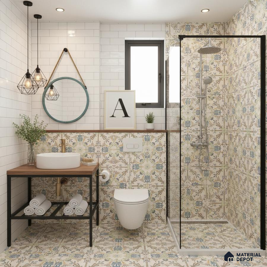 Modern bathroom with floral patterned tiles and white subway wall tiles in Bengaluru | Material Depot