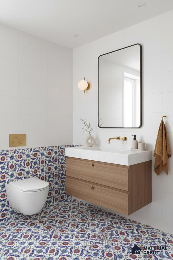 Modern bathroom with floral patterned tiles, white wall tiles, and wood vanity with white marble countertop in Bengaluru | Material Depot