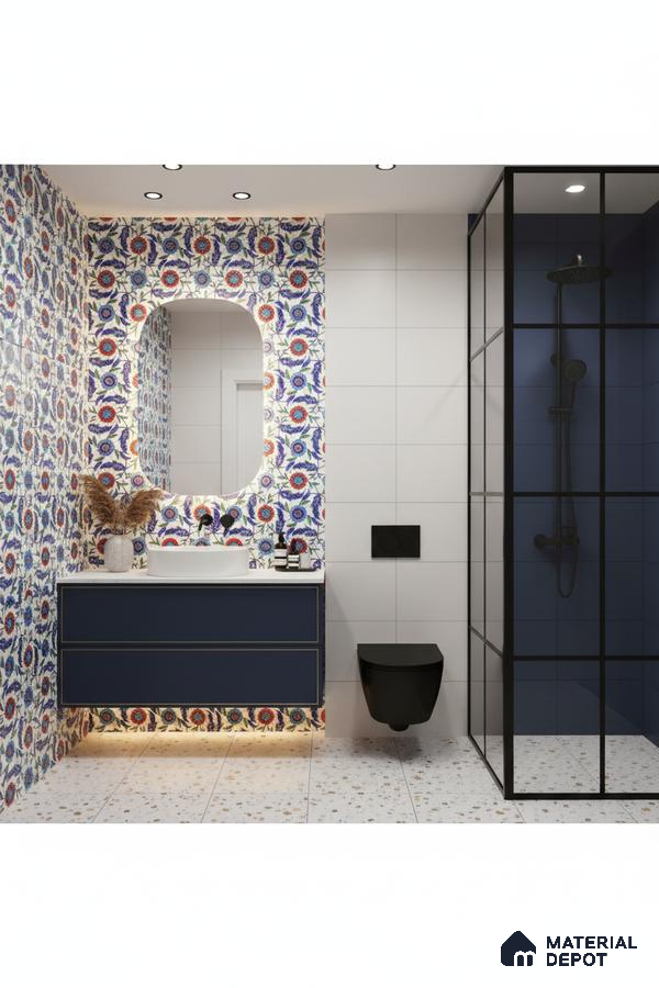 Modern bathroom with floral patterned wall tiles, terrazzo floor tiles, and navy blue vanity in Bengaluru | Material Depot