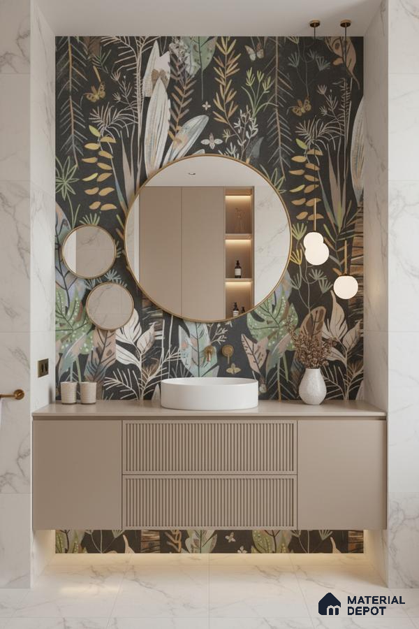 Modern bathroom design with floral tile, beige fluted vanity, and marble-look wall tiles in Bengaluru | Material Depot