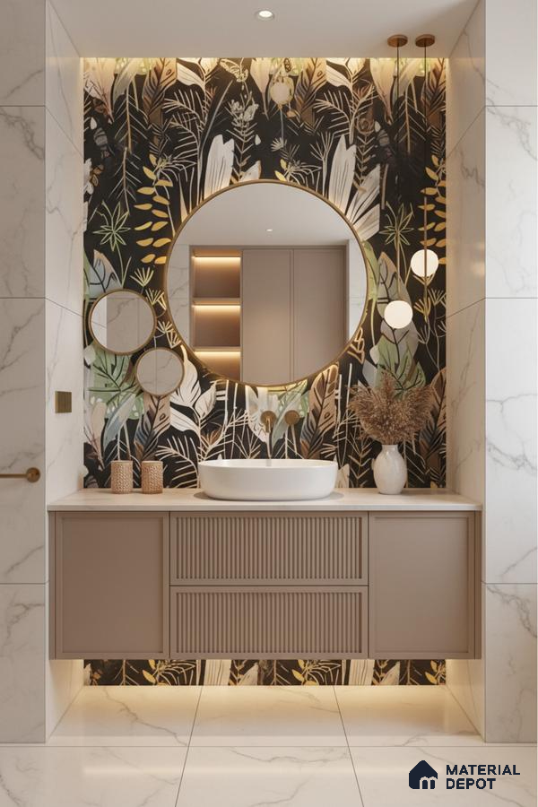 Modern bathroom design with floral tile, beige fluted vanity, and white marble wall tiles in Bengaluru | Material Depot