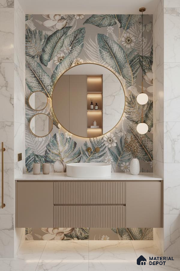 Modern bathroom design with floral tropical highlighter wall tile, beige fluted vanity, and white marble wall tiles in Bengaluru | Material Depot