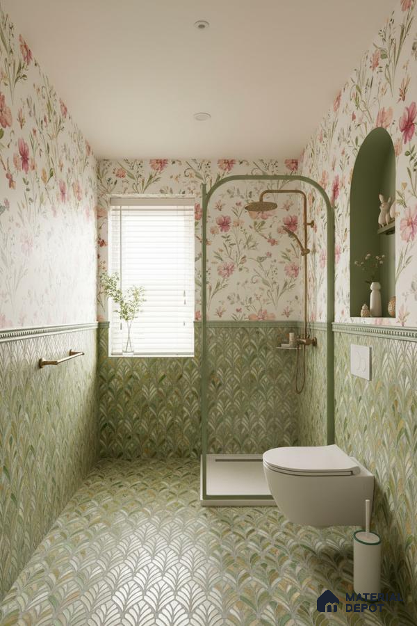 Modern bathroom with floral wallpaper and green art deco patterned wall and floor tiles in Bengaluru | Material Depot