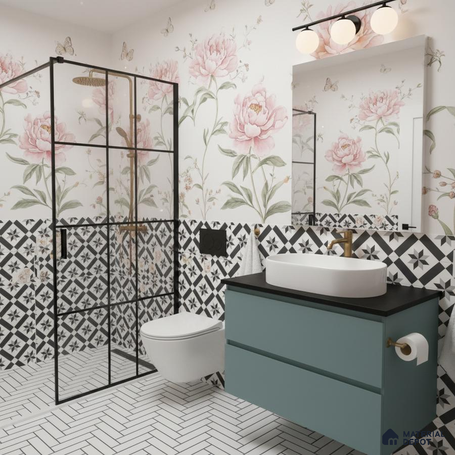 Modern bathroom with floral wallpaper, black-and-white geometric wall tiles, and herringbone floor tiles in Bengaluru | Material Depot