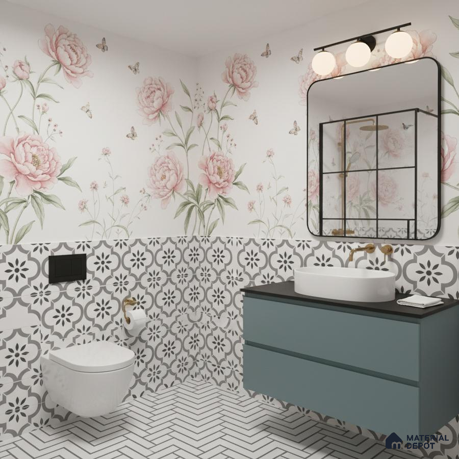 Modern bathroom with floral wallpaper, black-and-white patterned wall tiles, and herringbone floor tiles in Bengaluru | Material Depot