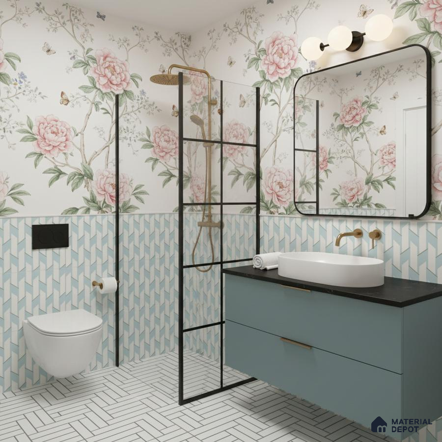 Modern bathroom with floral wallpaper, blue geometric wall tiles, and white herringbone floor tiles in Bengaluru | Material Depot