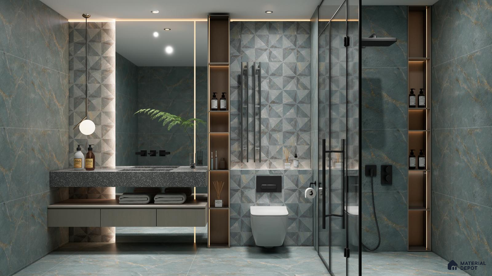 Modern Bathroom with Geometric Accents and Cool Blue-Green Tones | Material Depot