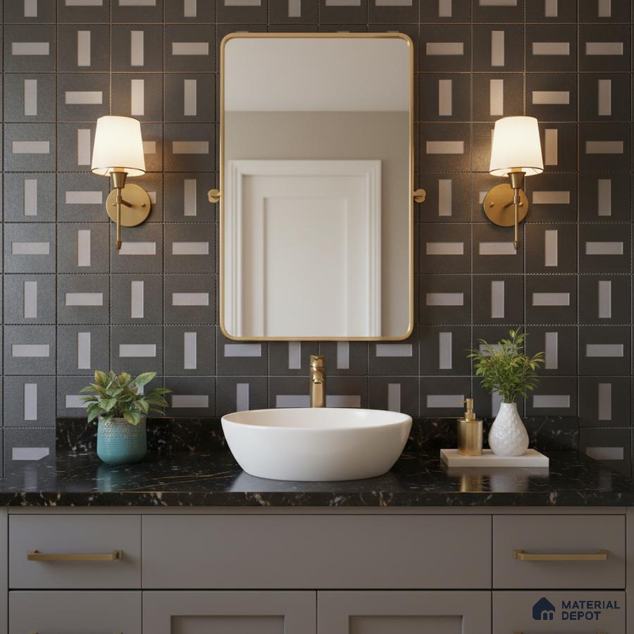 Modern bathroom with geometric black and grey wall tiles and black marble countertop