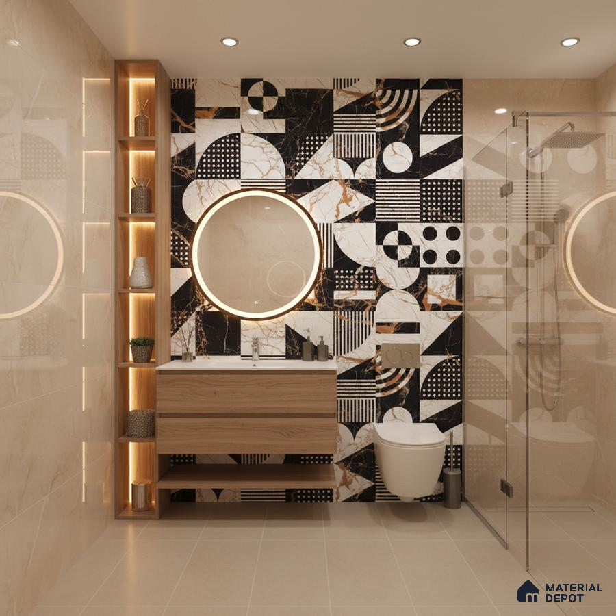 Modern bathroom with geometric black and white marble highlighter tiles and beige marble wall tiles | Material Depot