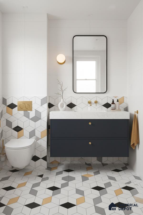 Modern bathroom with geometric black, grey, and gold cube tiles and navy blue vanity in Bengaluru | Material Depot