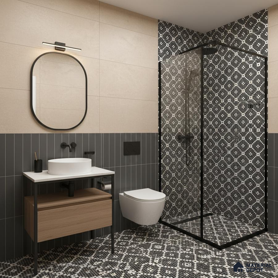 Modern bathroom with geometric black-and-white mosaic tiles, beige wall tiles, and vertical grey subway wall tiles in Bengaluru | Material Depot