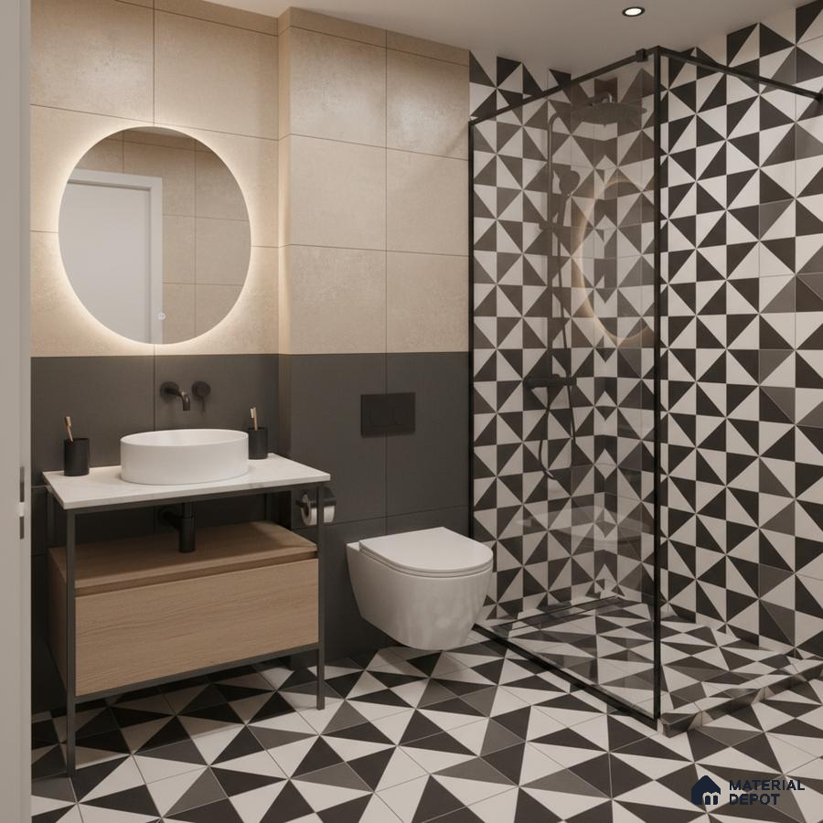 Modern bathroom with geometric black-and-white tiles and beige wall tiles in Bengaluru | Material Depot