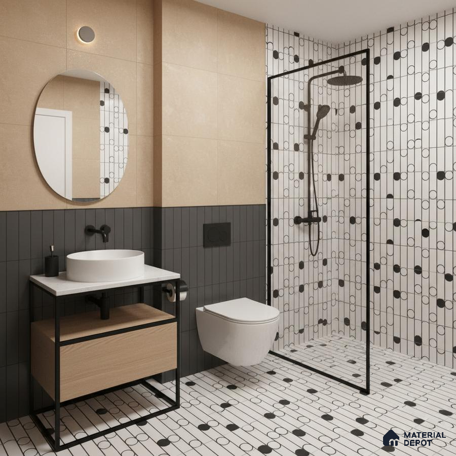 Modern bathroom with geometric black-and-white wall and floor tiles, beige wall tile, and wood vanity in Bengaluru | Material Depot