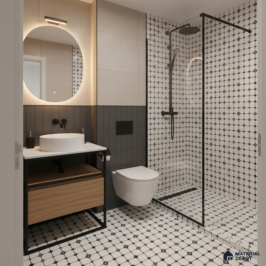 Modern bathroom with geometric black-and-white wall and floor tiles, wood vanity, and matte black fixtures in Bengaluru | Material Depot
