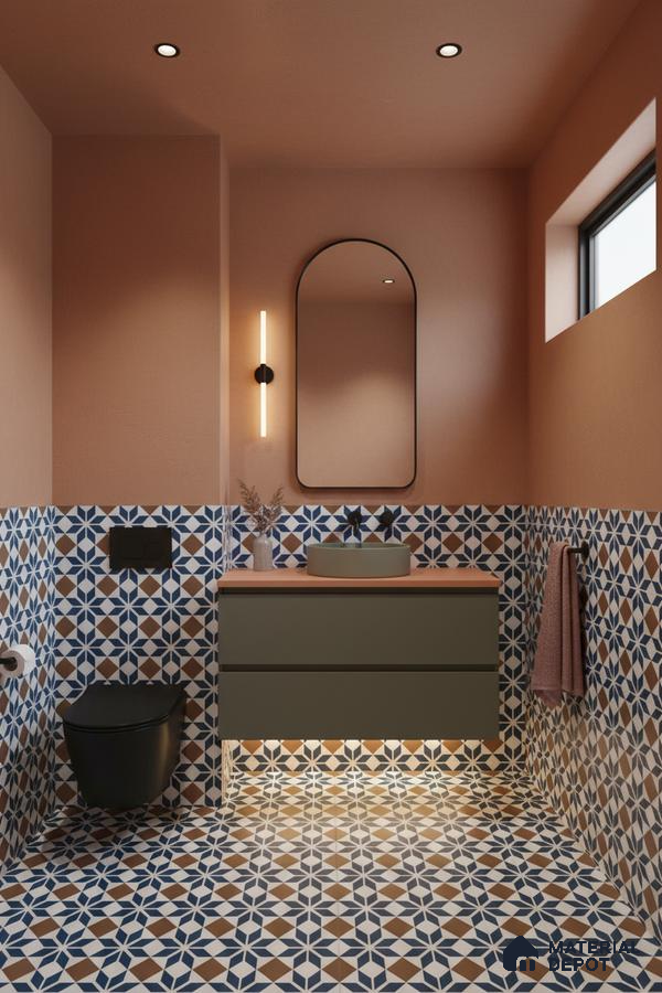 Modern bathroom with geometric blue and terracotta patterned tiles and olive green floating vanity in Bengaluru | Material Depot