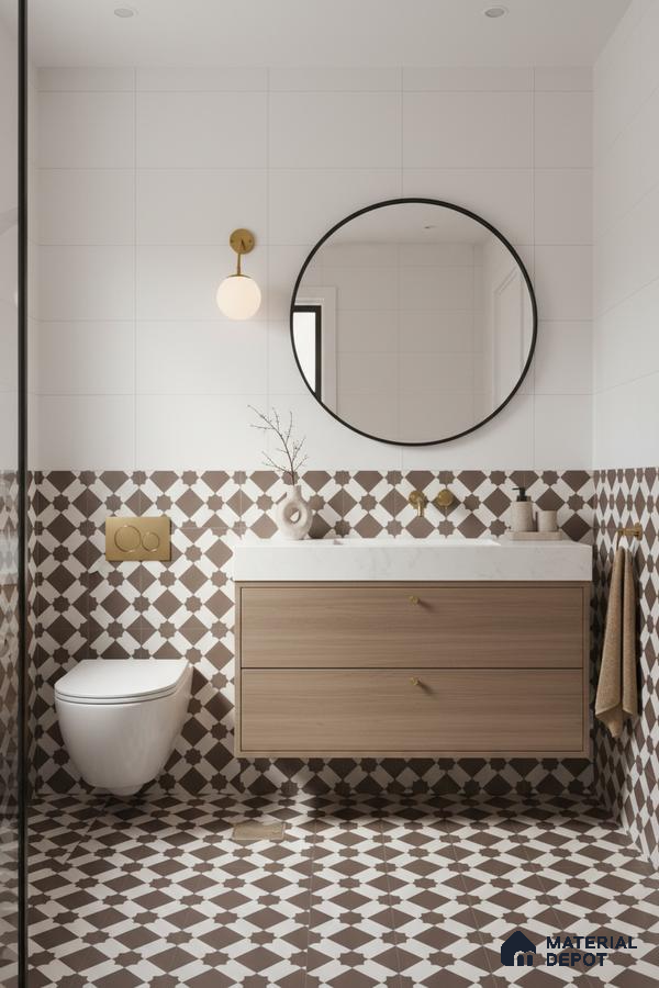 Modern bathroom with geometric brown and white patterned tiles and light wood vanity in Bengaluru | Material Depot