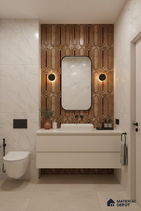 Modern bathroom with geometric brown highlighter wall tiles and marble-look wall tiles | Material Depot