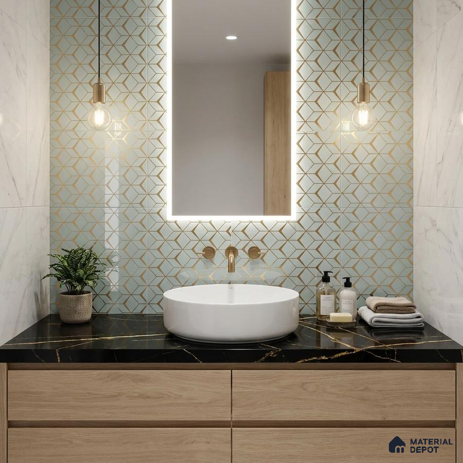 Modern bathroom with geometric gold accent wall tile, black marble countertop, and light oak vanity