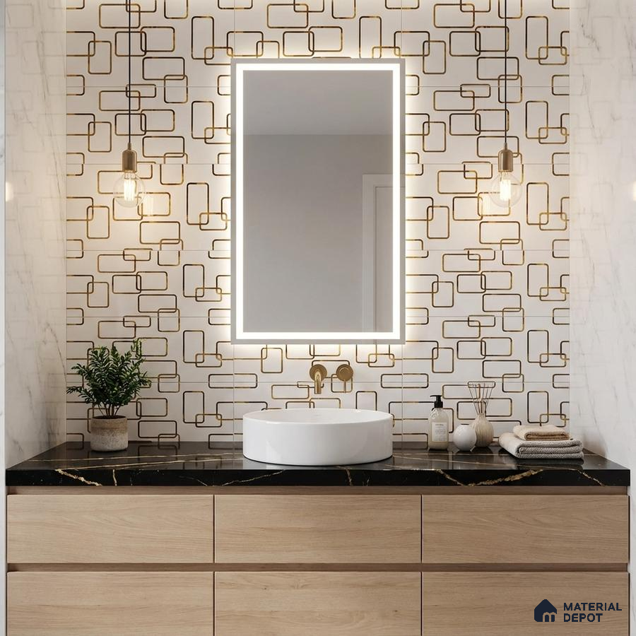 Modern bathroom with geometric gold patterned wall tile, black marble countertop, and light oak laminate vanity