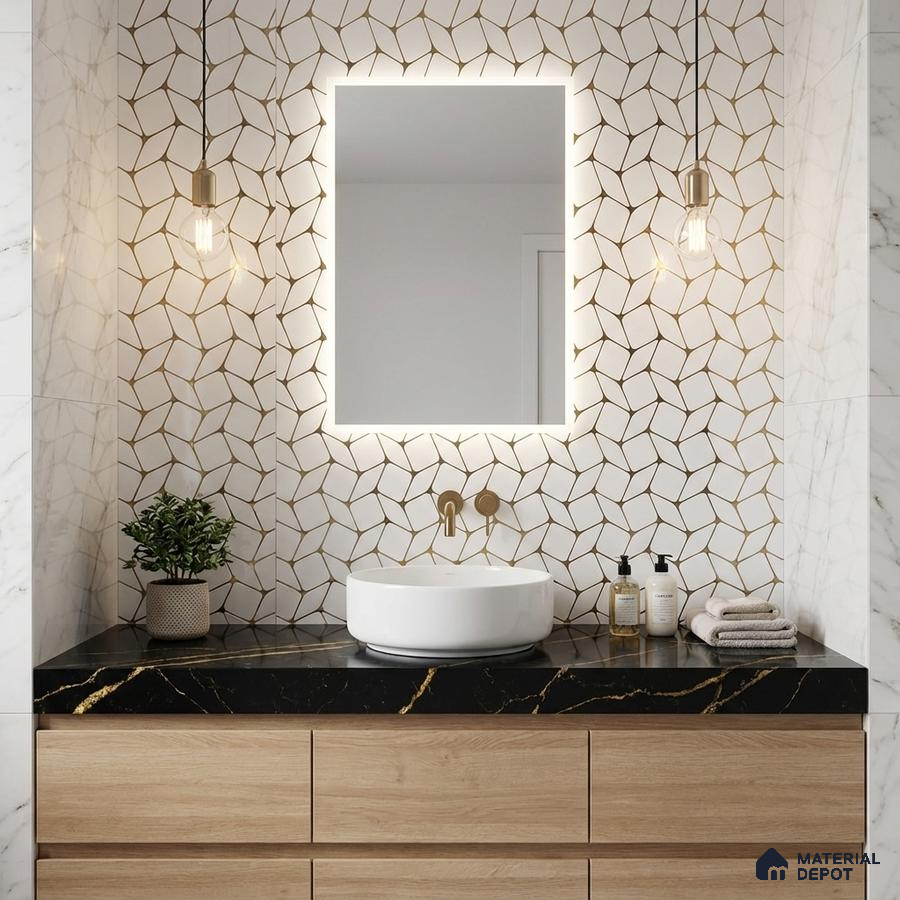 Modern bathroom with geometric gold patterned wall tile, black marble countertop, and light oak vanity