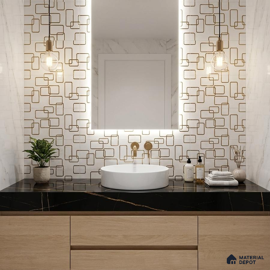 Modern bathroom with geometric gold wall tiles, black marble countertop, and light oak vanity
