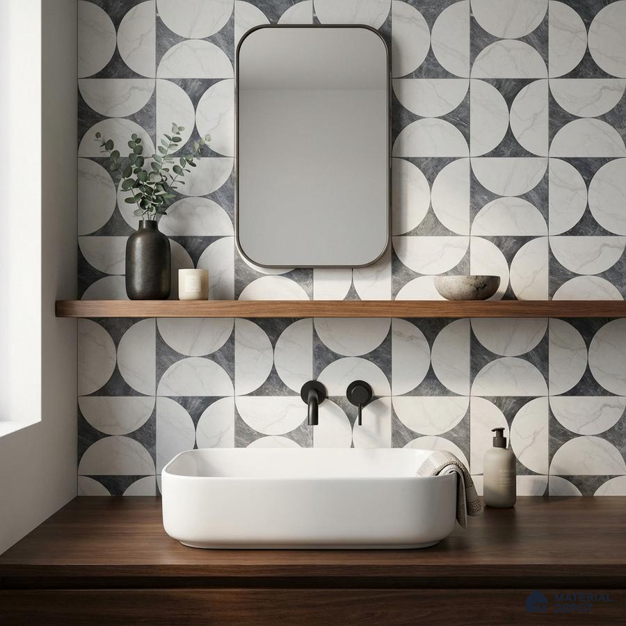 Modern bathroom with geometric marble-look wall tiles and walnut wood countertop