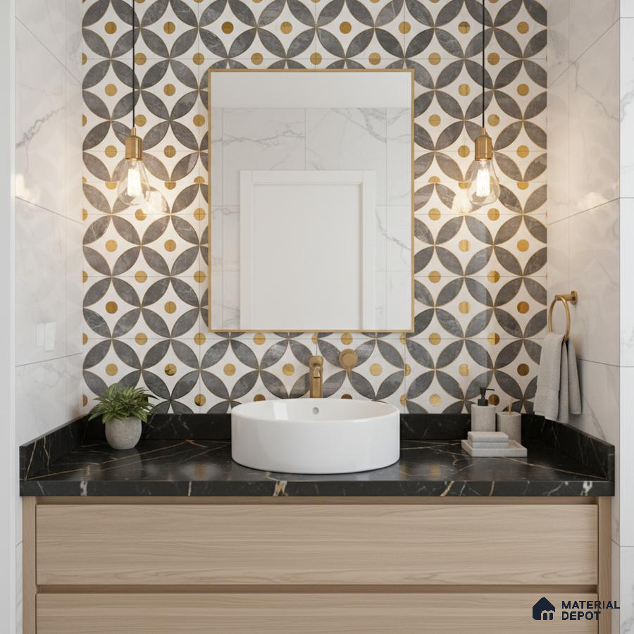 Modern bathroom with geometric patterned highlighter wall tile, black marble countertop, and light oak vanity