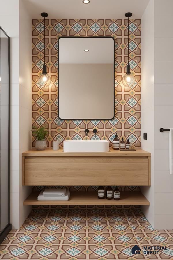 Modern bathroom with geometric patterned moroccan tiles and light oak vanity in Bengaluru | Material Depot