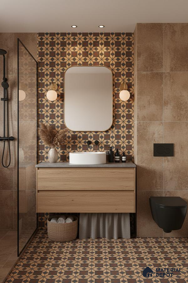 Modern bathroom with geometric patterned tiles, beige stone wall tiles, and oak wood vanity in Bengaluru | Material Depot