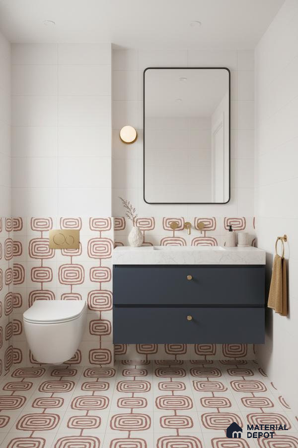 Modern bathroom with geometric patterned tiles, navy vanity, and white marble countertop in Bengaluru | Material Depot