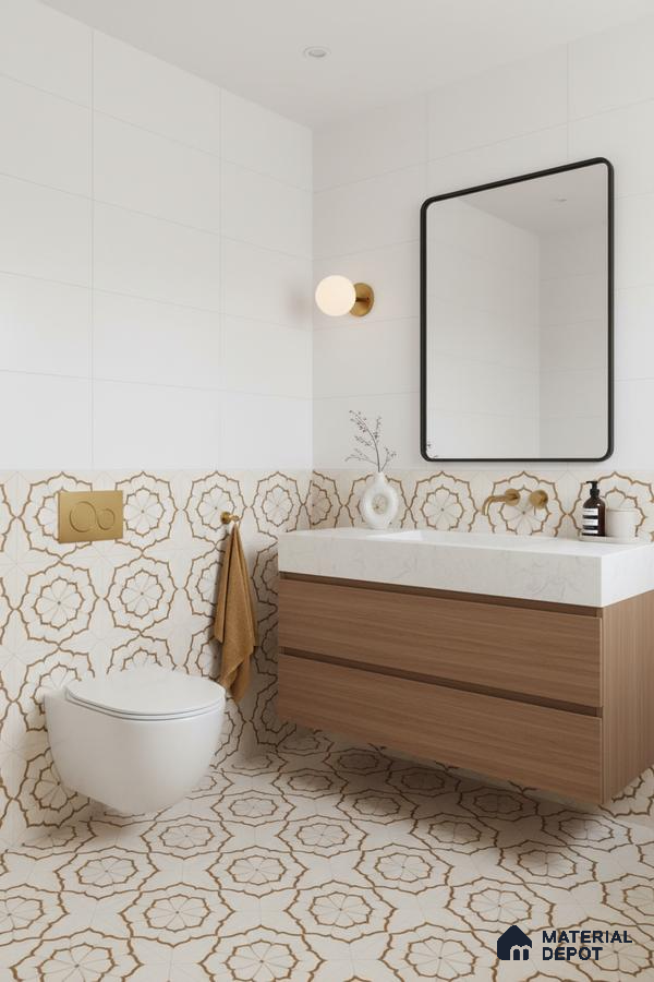 Modern bathroom with geometric patterned tiles, white wall tiles, and wood finish floating vanity in Bengaluru | Material Depot