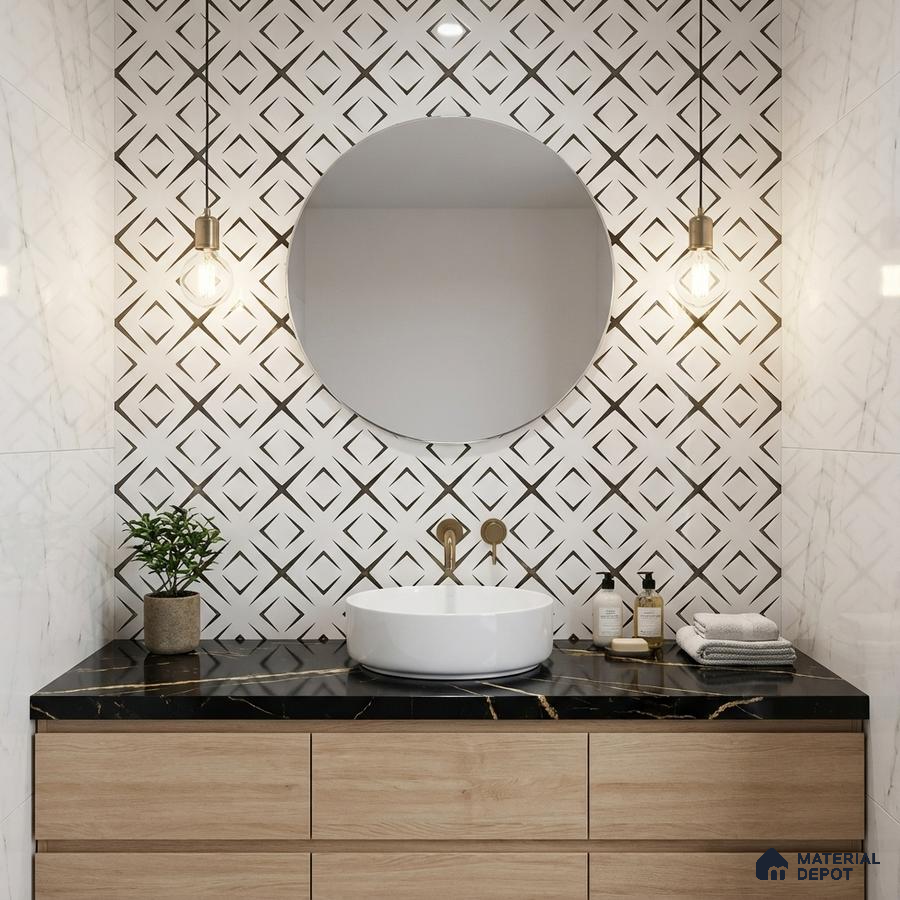 Modern bathroom with geometric patterned wall tile, black marble countertop, and light oak vanity
