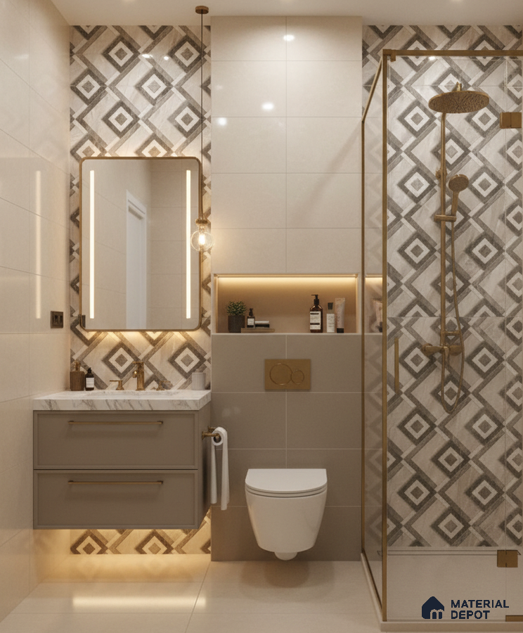 Modern bathroom with geometric patterned wall tiles, beige matte vanity, and gold fixtures | Material Depot