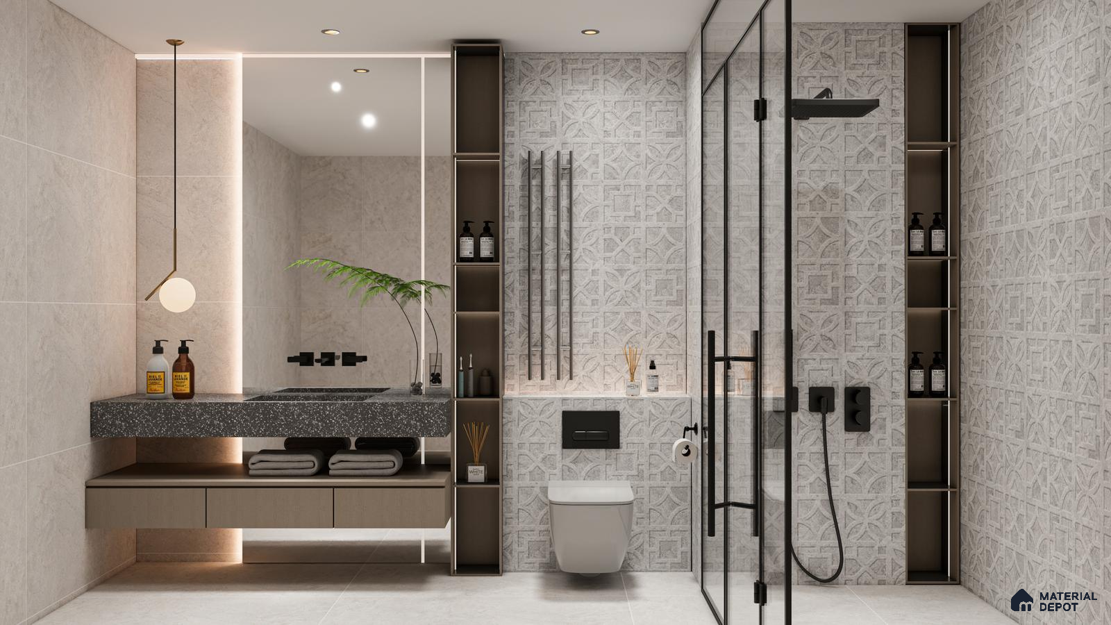 Modern Bathroom with Geometric Punch Embossed Tile Pattern | Material Depot