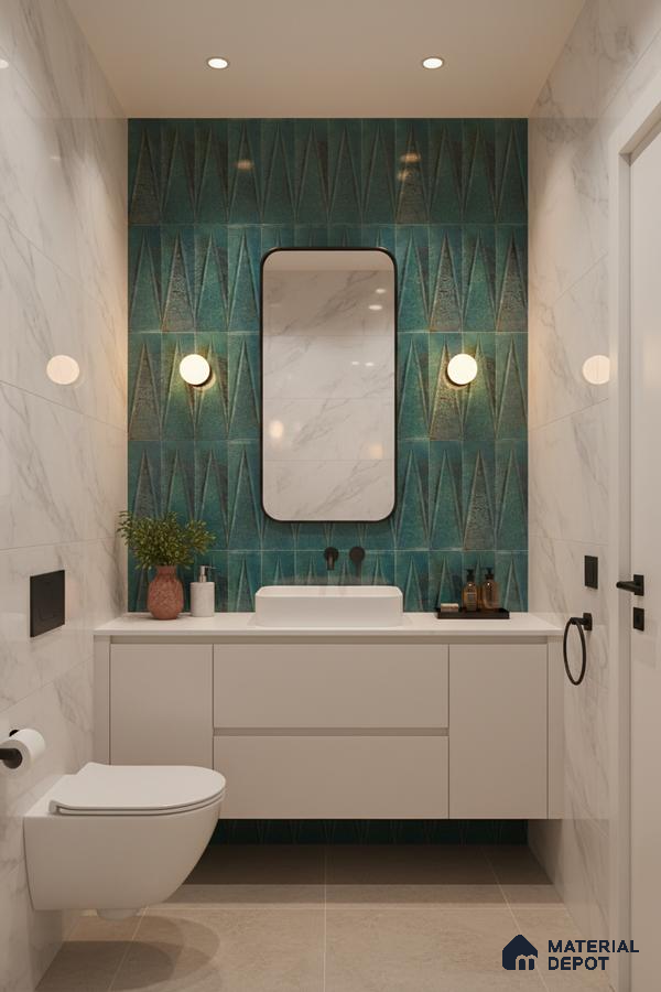 Modern bathroom with geometric teal highlighter wall tiles and white marble-look wall tiles | Material Depot