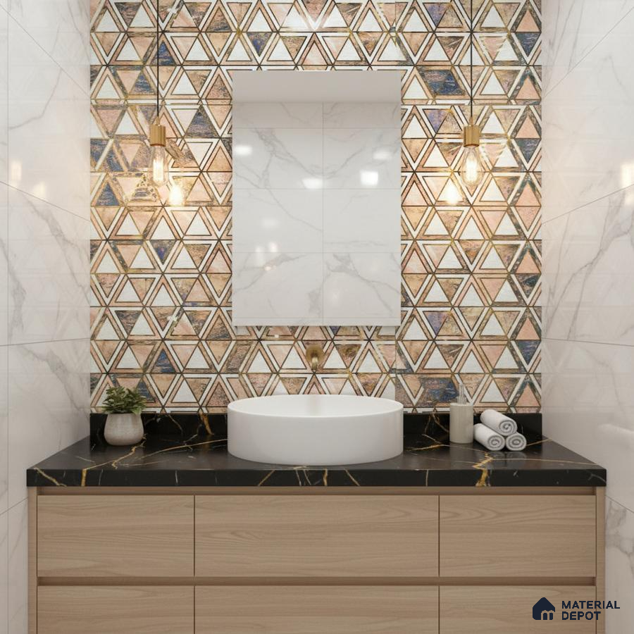 Modern bathroom with geometric triangle highlighter wall tile, marble wall tiles, and black marble countertop