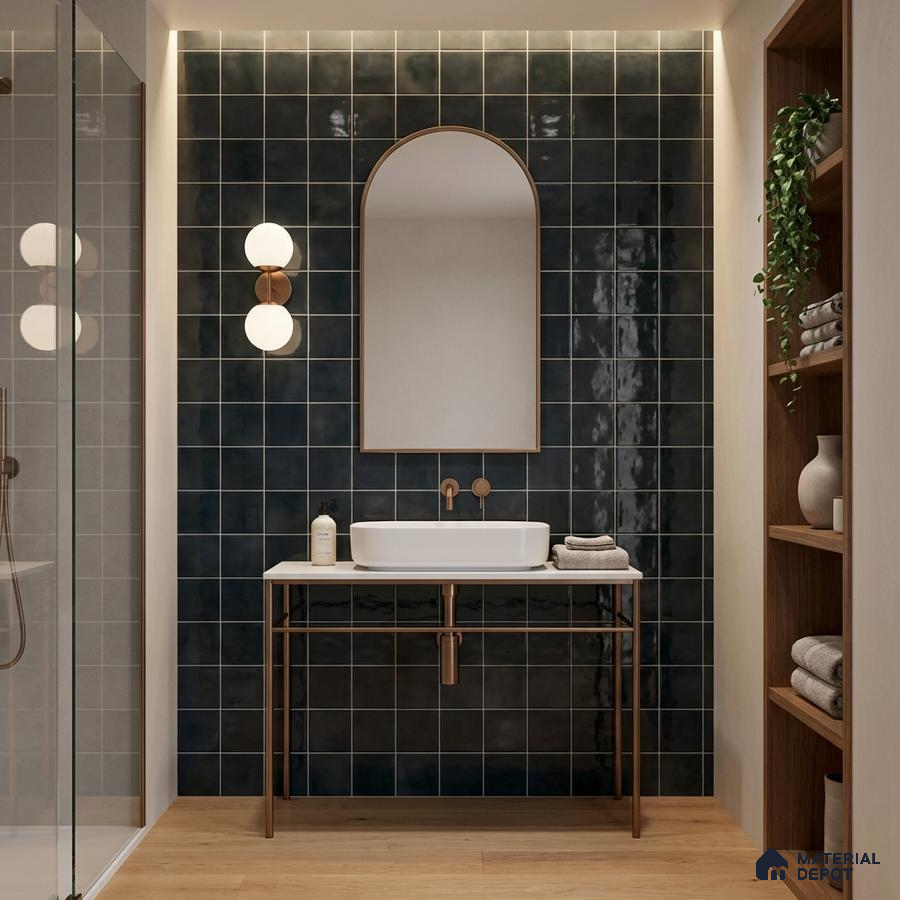 Modern bathroom with glossy deep blue square wall tiles and light oak wood flooring