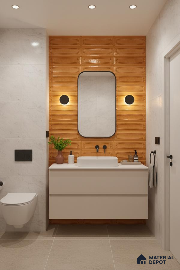 Modern bathroom with glossy ochre geometric wall tiles and marble-look wall tiles | Material Depot