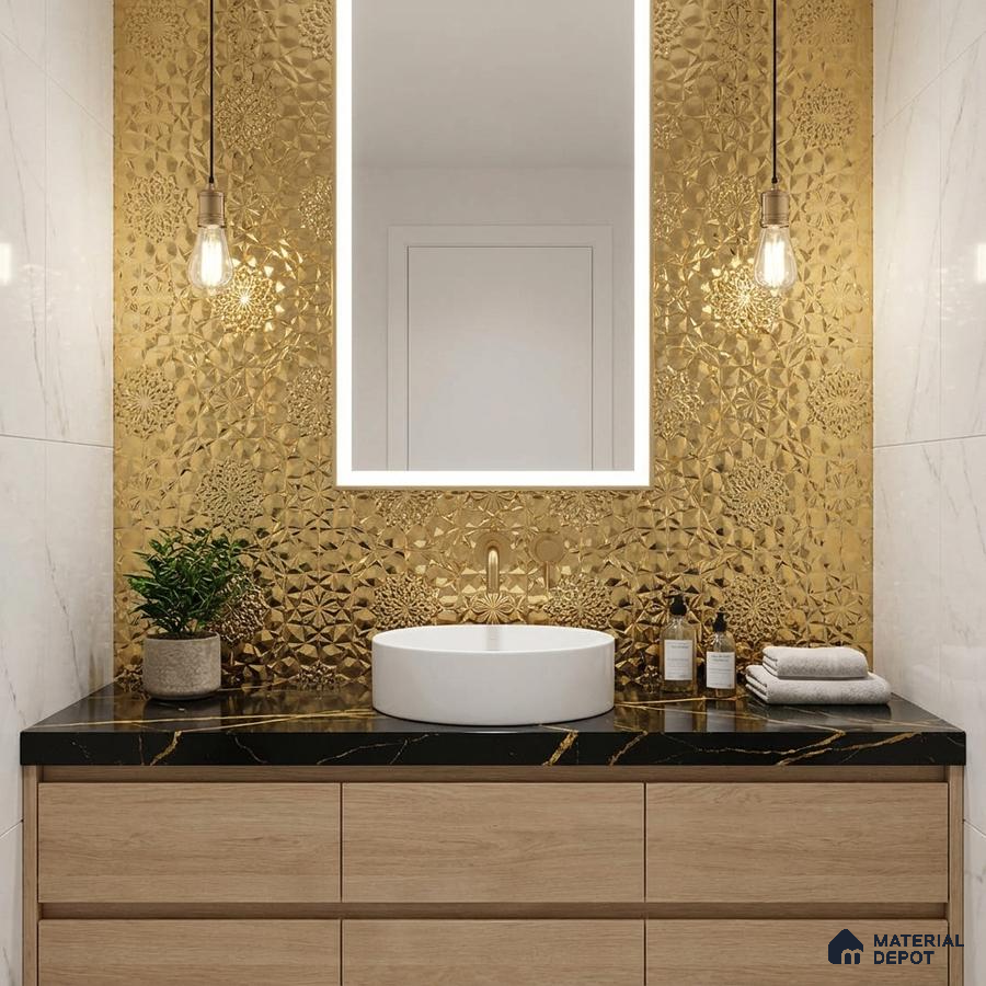 Modern bathroom with gold embossed wall tile, black marble countertop, and light oak vanity