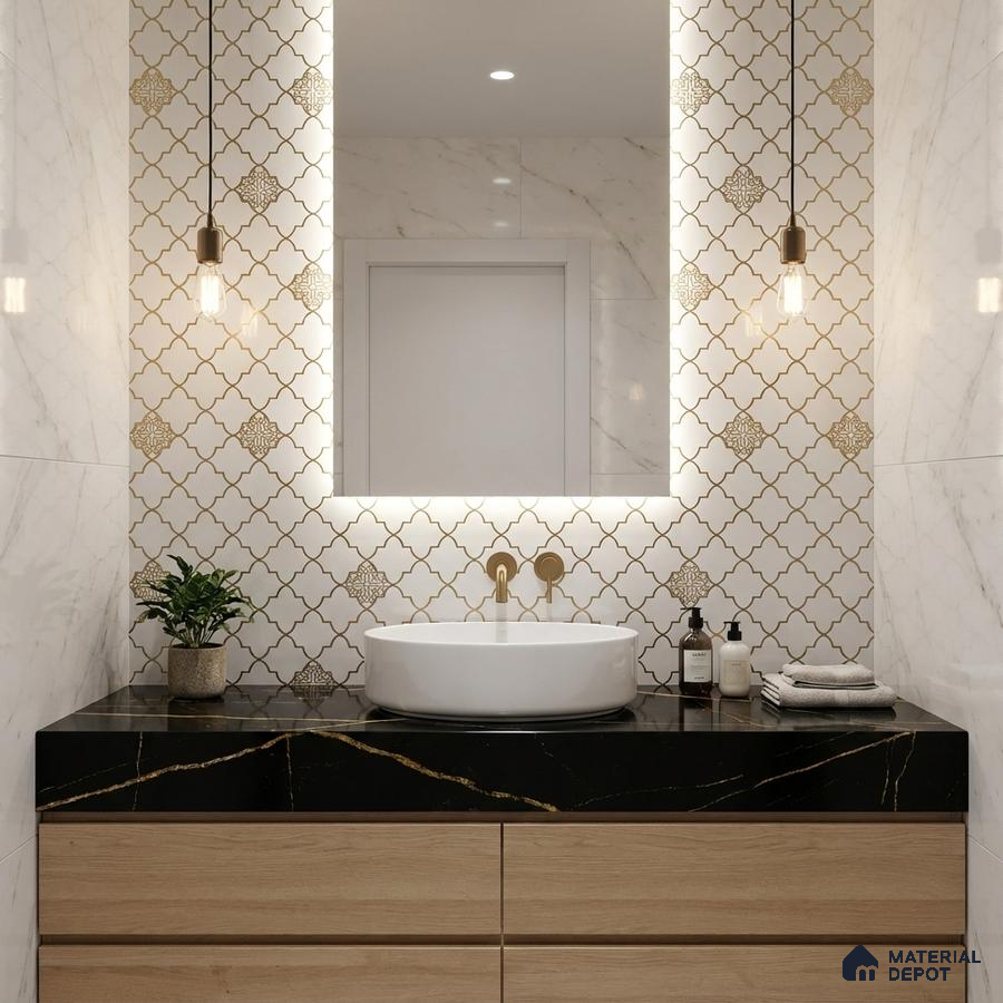 Modern bathroom with gold moroccan wall tiles, black marble countertop, and light oak vanity