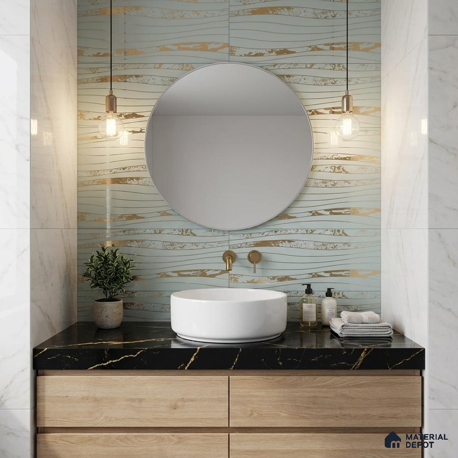 Modern bathroom with gold wave patterned wall tile, black marble countertop, and light oak wood vanity