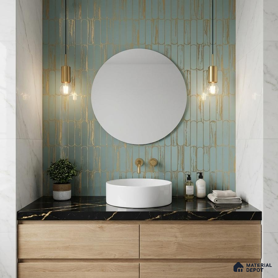Modern bathroom with gold-detailed blue kitkat wall tile, black marble countertop, and light oak vanity