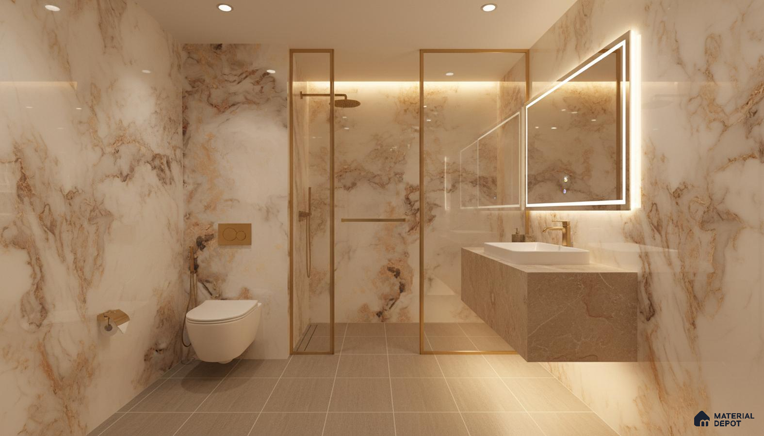 Modern bathroom with gold-veined marble look wall tiles and beige stone floating vanity | Material Depot