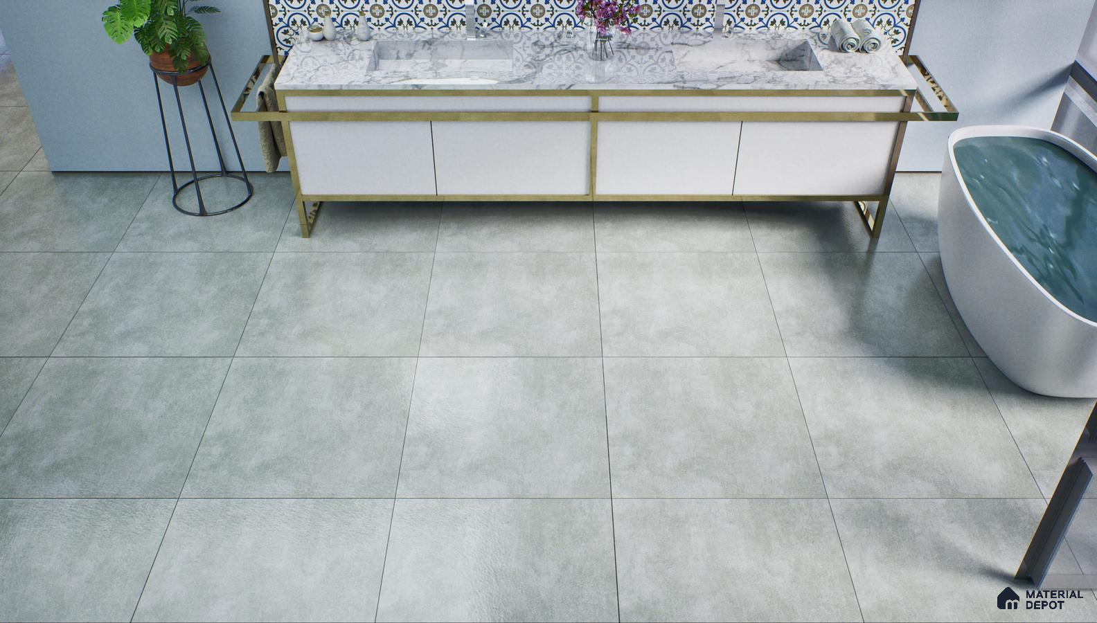 Modern Bathroom with Gray Tile Flooring and Patterned Wall | Material Depot
