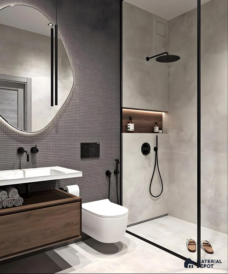Modern Bathroom with Gray Tiles and Black Accents | Material Depot