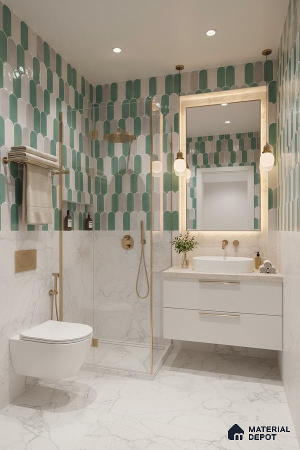 Modern bathroom with green and grey scallop wall tiles and white marble-look floor and wall tiles | Material Depot