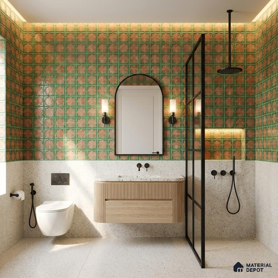 Modern bathroom with green and terracotta moroccan wall tiles, terrazzo floor, and fluted wood vanity