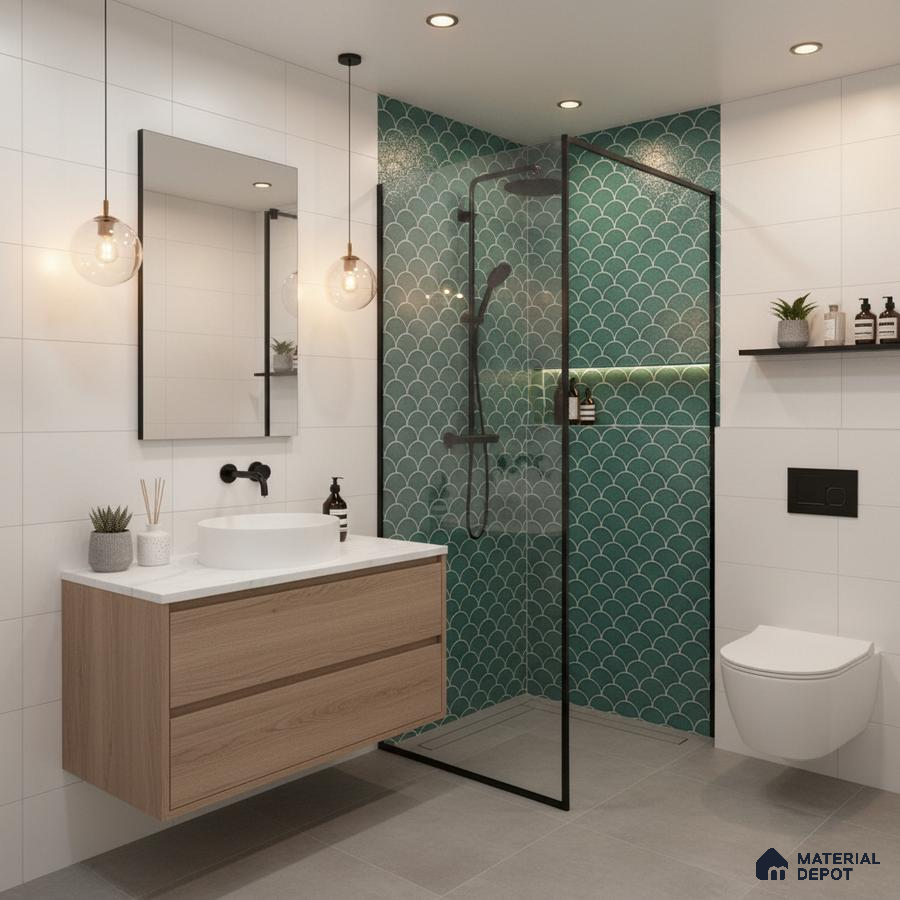 Modern bathroom with green fish scale wall tiles, white wall tiles, and wood floating vanity | Material Depot